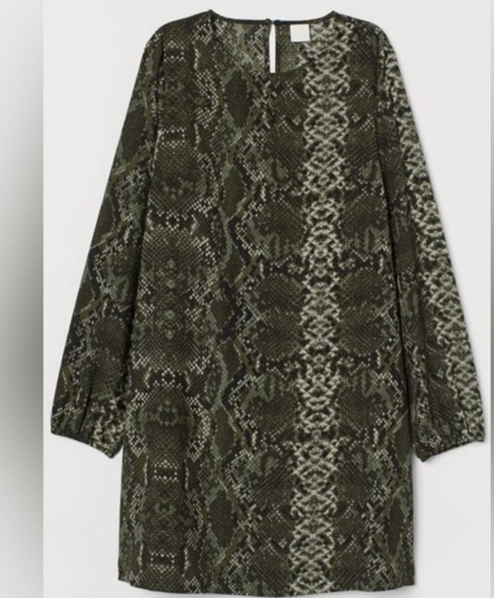 H&M Snake Print Shift Dress Size 4 Long Sleeve Olive Green Fall Mini Dress